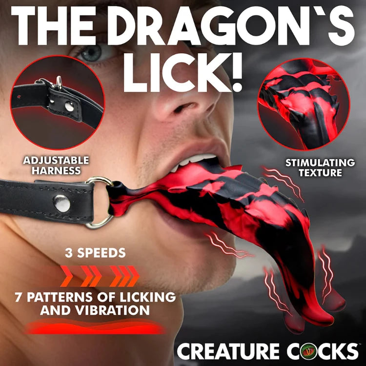 Dragon-themed licking toy with adjustable harness, stimulating texture, 3 speeds, 7 vibration patterns