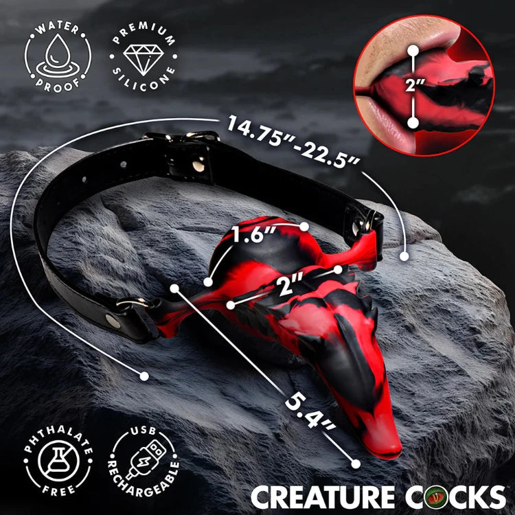 Red and black silicone creature cock with adjustable collar, waterproof, USB rechargeable, phthalate-free adult toy