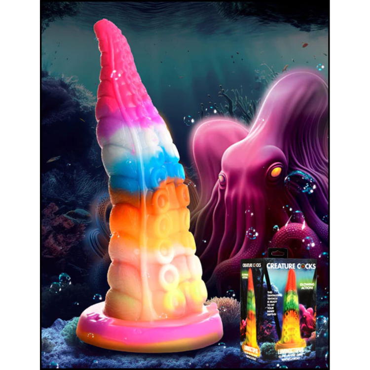 Glow-in-the-dark rainbow tentacle silicone toy with suction cups, underwater octopus theme