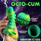 Green and yellow silicone octopus tentacle penis sleeve held in hand with textured stimulating interior