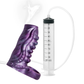 Purple silicone penis enhancer with tentacle texture and attached syringe pump squirting fluid