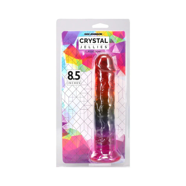 Crystal Jellies 8.5 inch rainbow dong in retail packaging, House of Vices adult toy