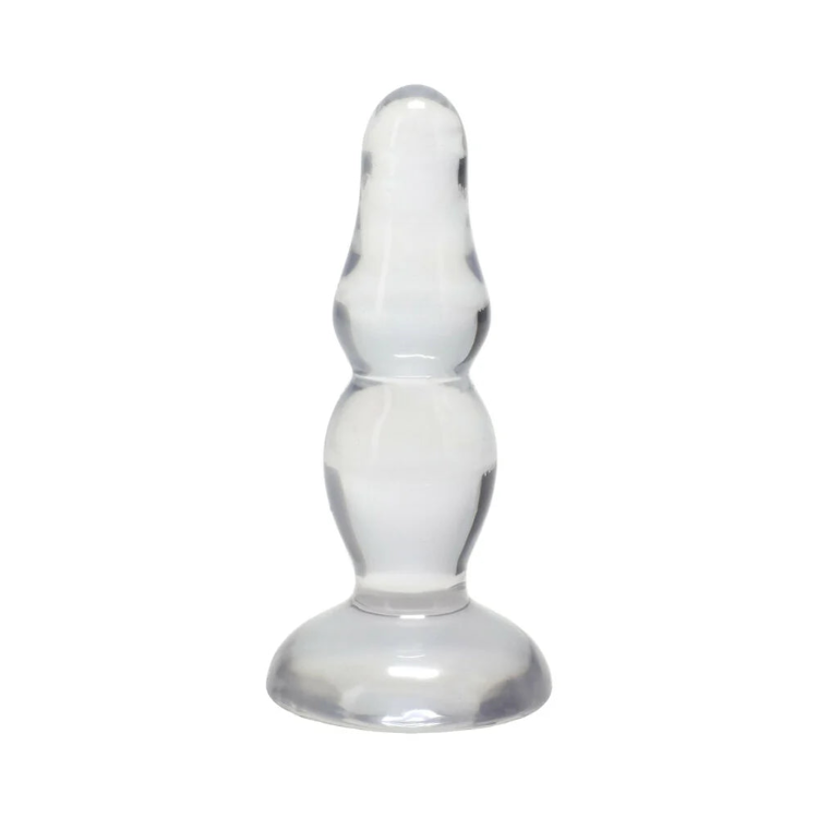 Clear glass ribbed dildo with a wide flared base