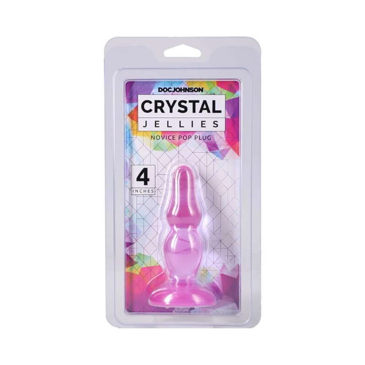 Doc Johnson Crystal Jellies Novice Pop Plug in pink, 4 inches, in clear blister packaging.