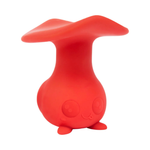 Cute red mushroom-shaped silicone toy with a smiling face, photographed on a white background.