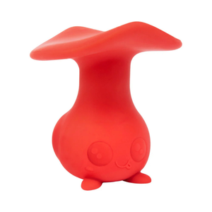 Cute red mushroom-shaped silicone toy with a smiling face, photographed on a white background.