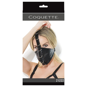Black faux leather mask with adjustable straps and silver rings, modeled by a woman, House of Vices