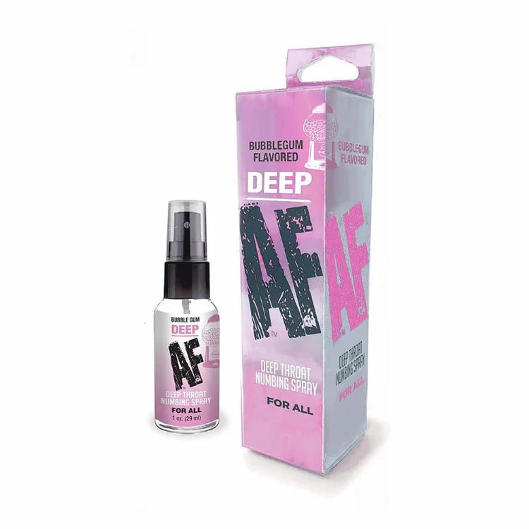 Bubblegum flavored deep throat numbing spray in pink packaging with bottle and box