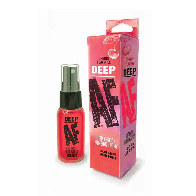 Cherry flavored Deep AF numbing spray for oral comfort, bottle and box on white background