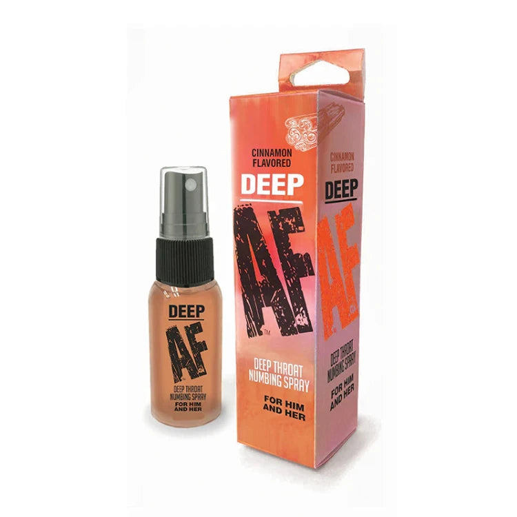 Cinnamon flavored Deep AF deep throat numbing spray bottle with packaging, for couples.