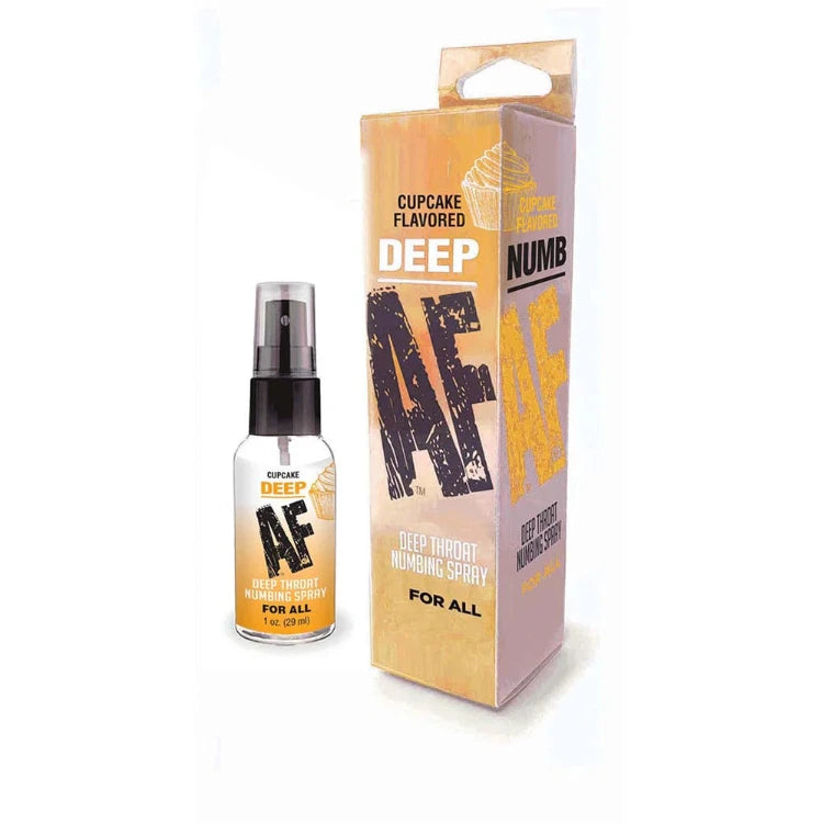 Cupcake flavored numbing spray bottle and box labeled Deep AF, for all, on white background