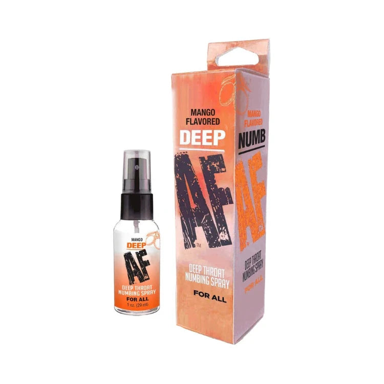 Mango flavored deep throat numbing spray bottle with matching orange retail box.