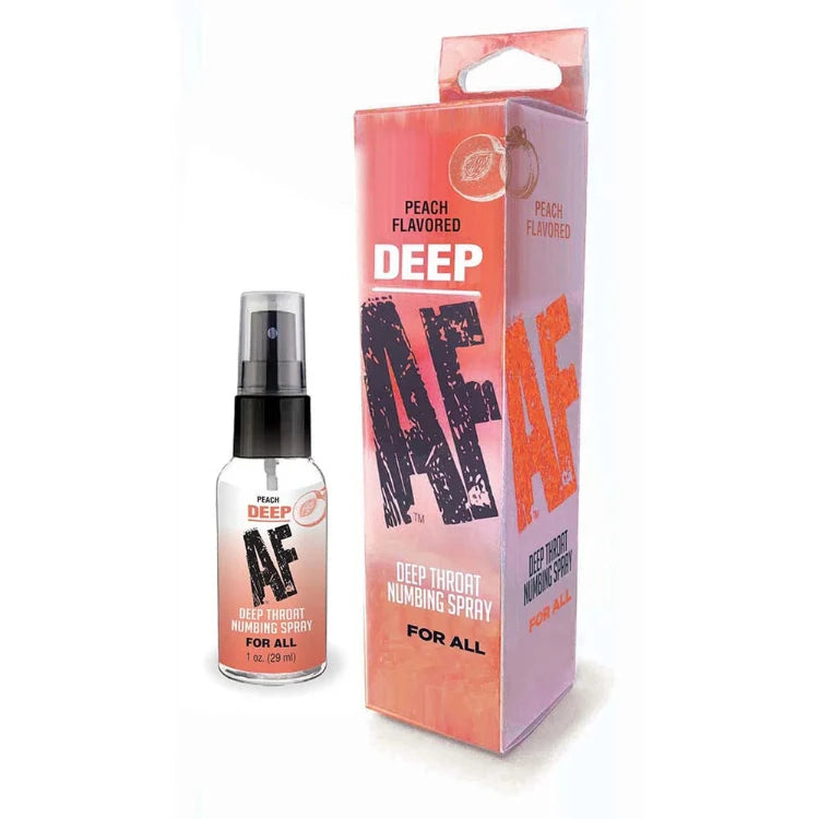 Peach flavored deep throat numbing spray with spray bottle and packaging, adult wellness product.