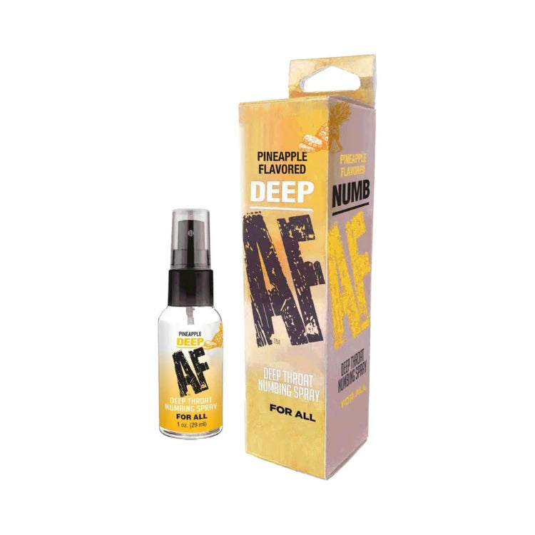 Pineapple flavored deep throat numbing spray bottle and box, adult wellness product