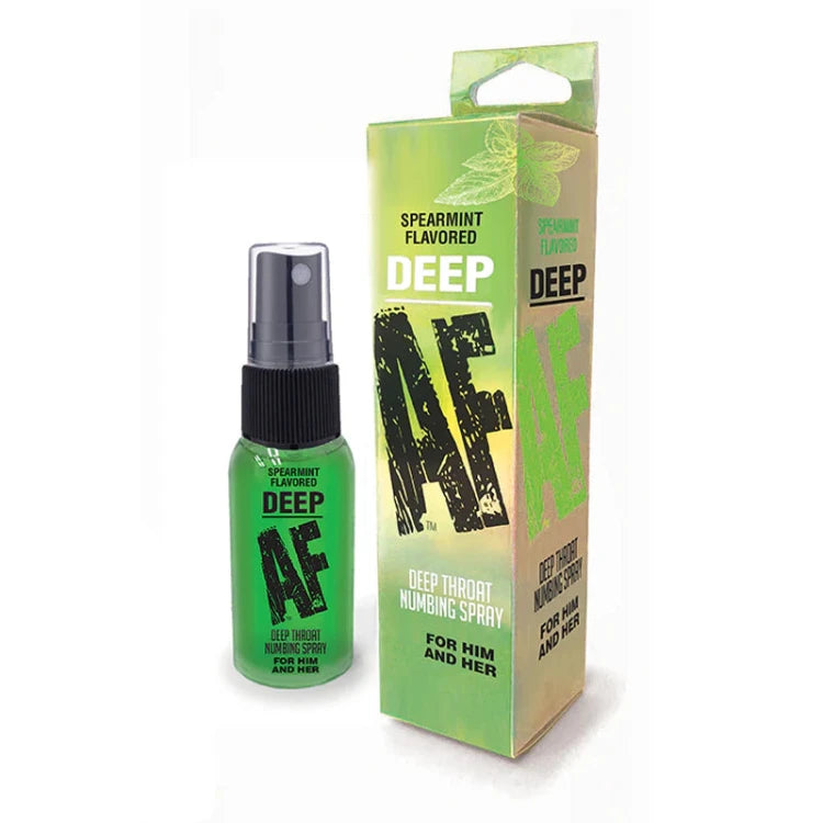 Spearmint flavored deep throat numbing spray bottle with matching box, green color
