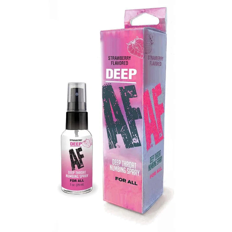 Strawberry flavored deep throat numbing spray bottle with matching pink box packaging