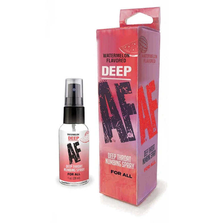 Watermelon flavored deep throat numbing spray bottle and box, 1 oz, pink gradient packaging.