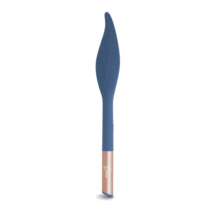 Blue silicone feather tickler with rose gold handle, premium adult wellness accessory