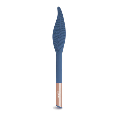 Blue silicone feather tickler with rose gold handle, premium adult wellness accessory