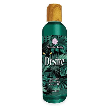 Versailles Jardin Desire lavender pheromone massage oil bottle with tropical leaf design