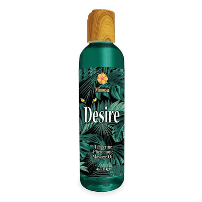 Mimosa Desire Tangerine Pheromone Massage Oil bottle with leaf design and wooden cap