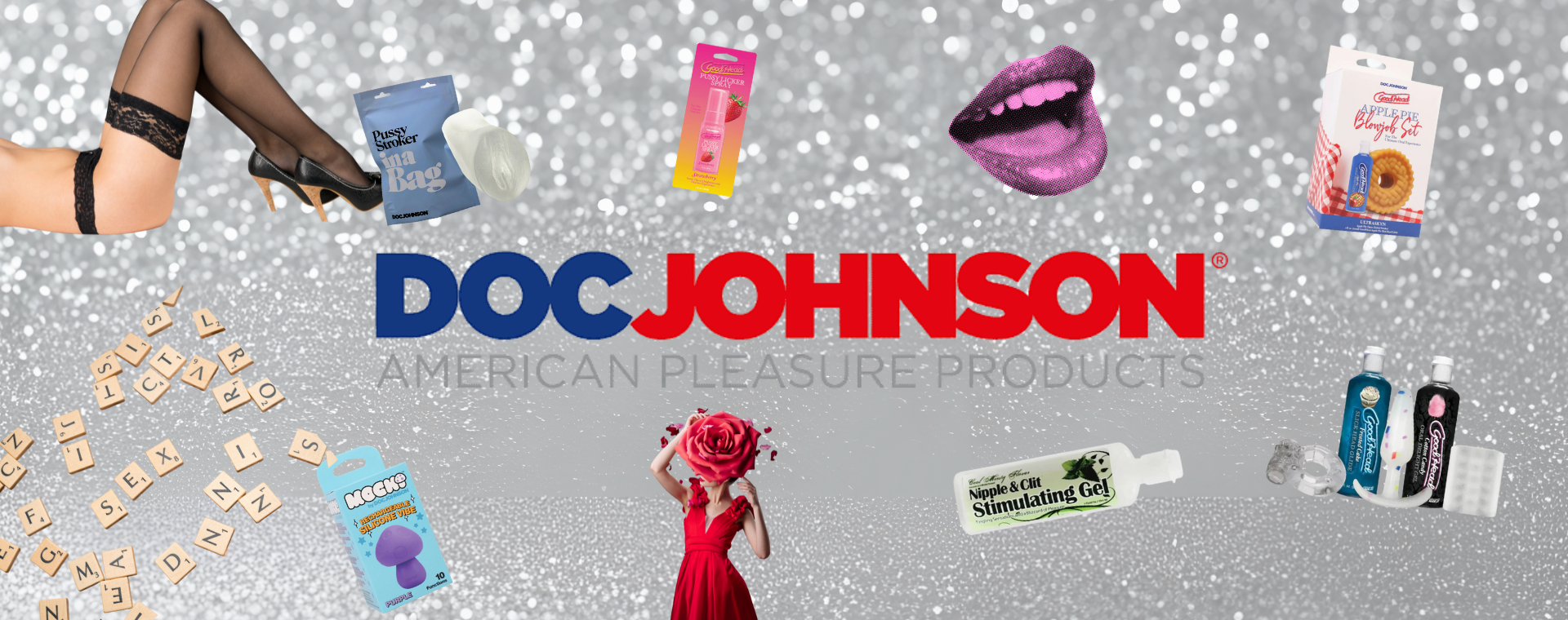 Doc Johnson American pleasure products banner with lingerie, wellness toys, and playful accessories on a glittering background for House of Vices