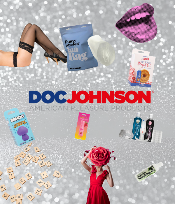 Doc Johnson pleasure products and accessories collage on glitter background, House of Vices