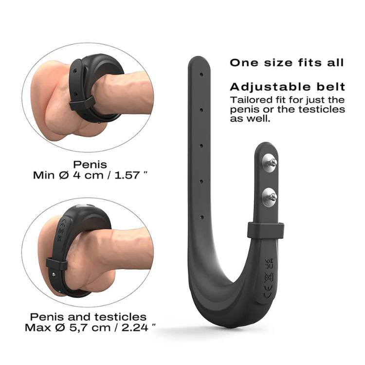 Adjustable black vibrating ring for men’s wellness, shown with sizing and fit details, House of Vices
