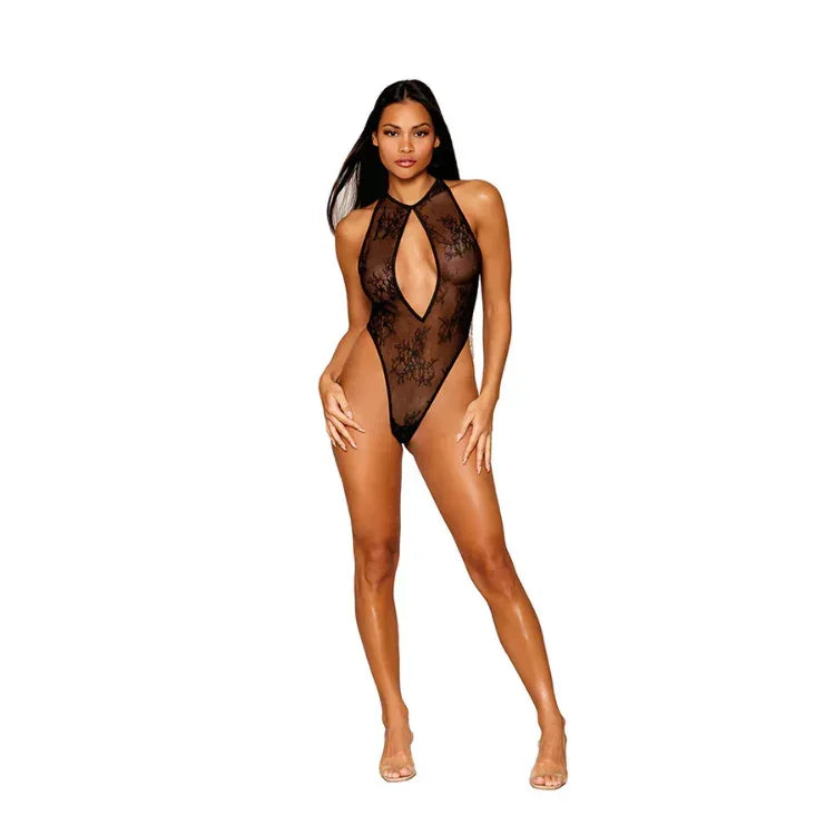 Dreamgirl Stretch Lace Halter Teddy with Open Rhinestone Fringe Back - House of Vices 