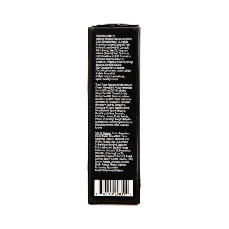 Earthly Body Hemp Seed Holiday Massage Oil Trio gift set box with ingredients list on back