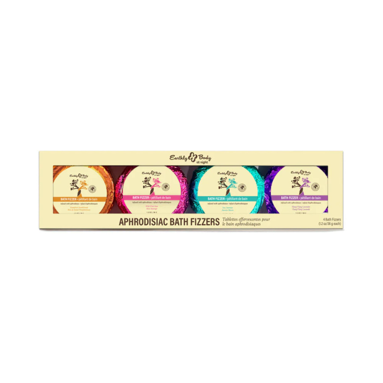 Aphrodisiac bath fizzers set with four colorful bath bombs in gift box packaging