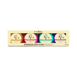 Aphrodisiac bath fizzers set with four colorful bath bombs in gift box packaging
