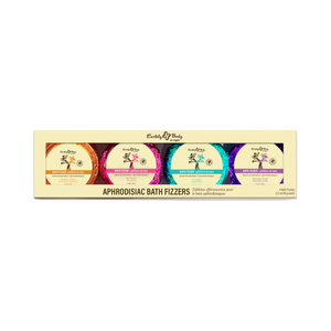 Aphrodisiac bath fizzers set with four colorful bath bombs in gift box packaging