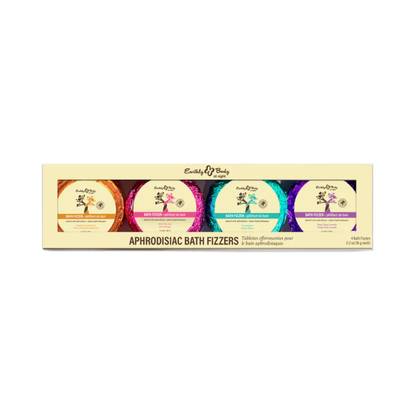 Aphrodisiac bath fizzers set with four colorful bath bombs in gift box packaging