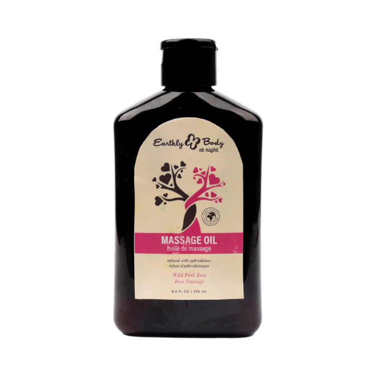 Earthly Body At Night Wild Pink Rose massage oil bottle, 8.4 oz, House of Vices wellness product
