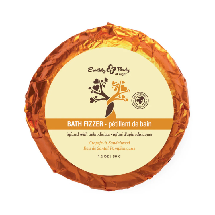 Earthly Body Bath Fizzer in orange foil, grapefruit sandalwood scent, 1.2 oz, aphrodisiac