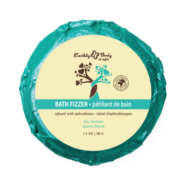 Sea jasmine bath fizzer with aphrodisiac, eco-friendly, wrapped in teal foil.