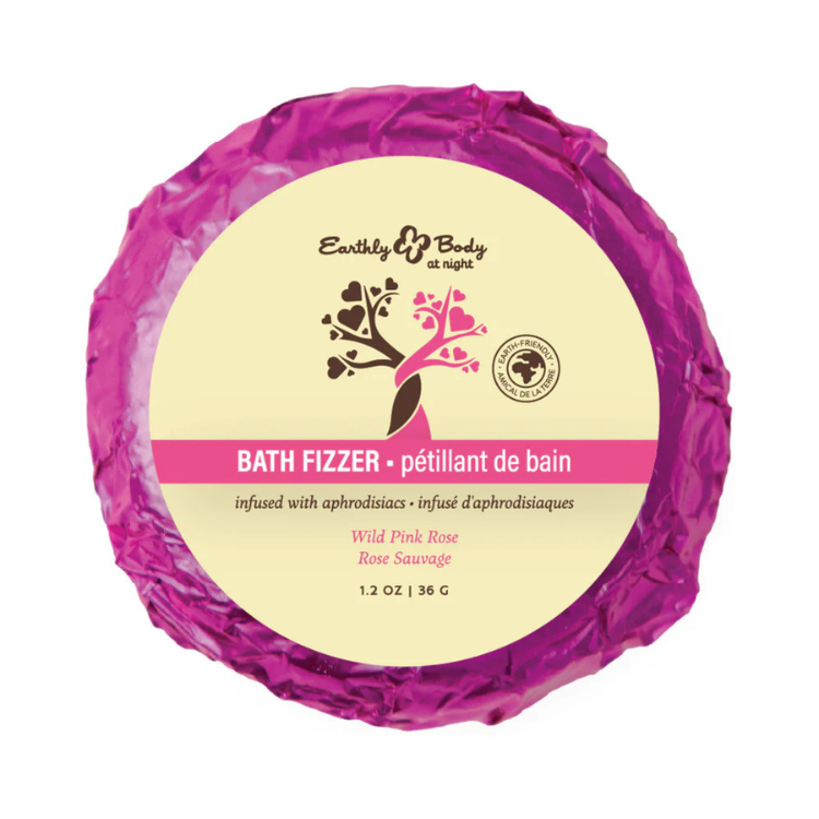 Pink wrapped bath fizzer labeled wild pink rose, aphrodisiac infused, eco-friendly.