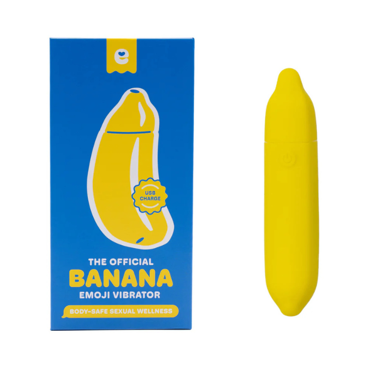 Yellow banana-shaped wellness device with blue box, USB rechargeable, House of Vices product
