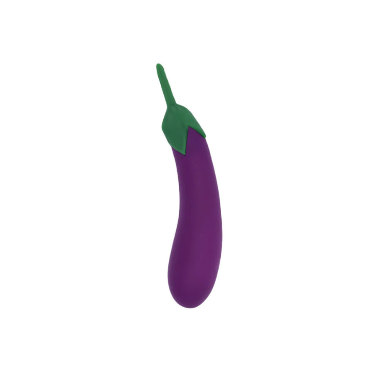Purple silicone eggplant-shaped personal massager with green tip on white background