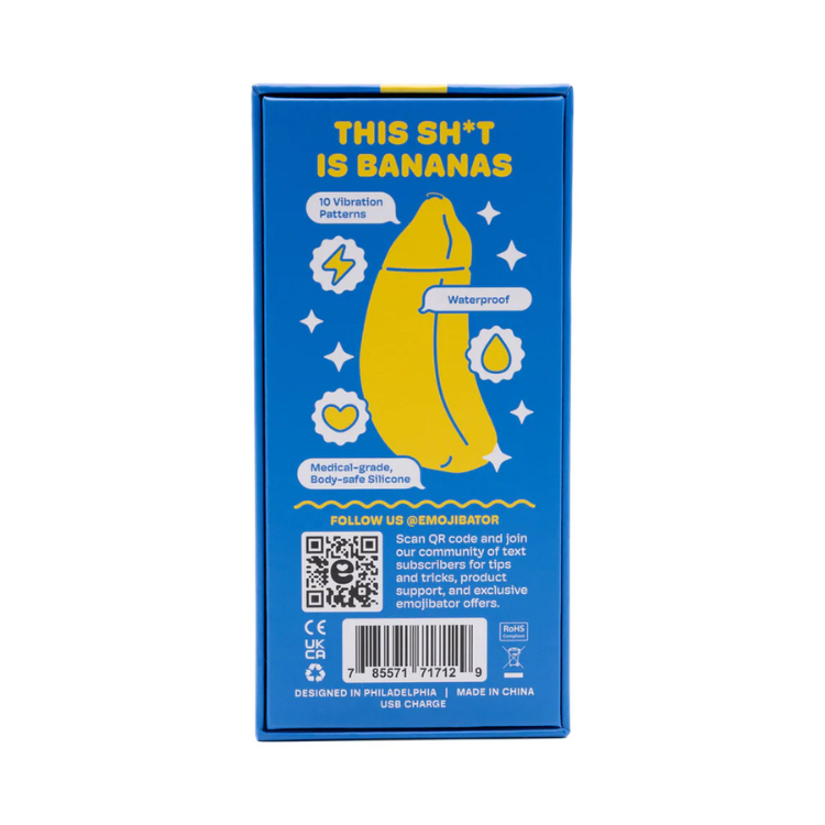 Blue Emojibator banana toy box with yellow banana illustration, wellness features, and QR code