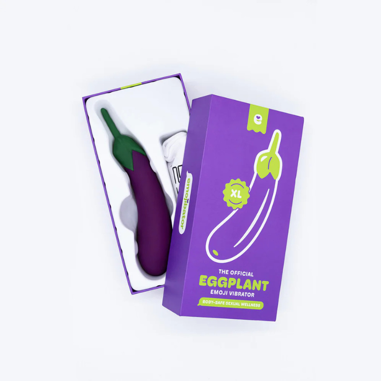Eggplant-shaped XL emoji wellness toy in purple box, House of Vices premium store product
