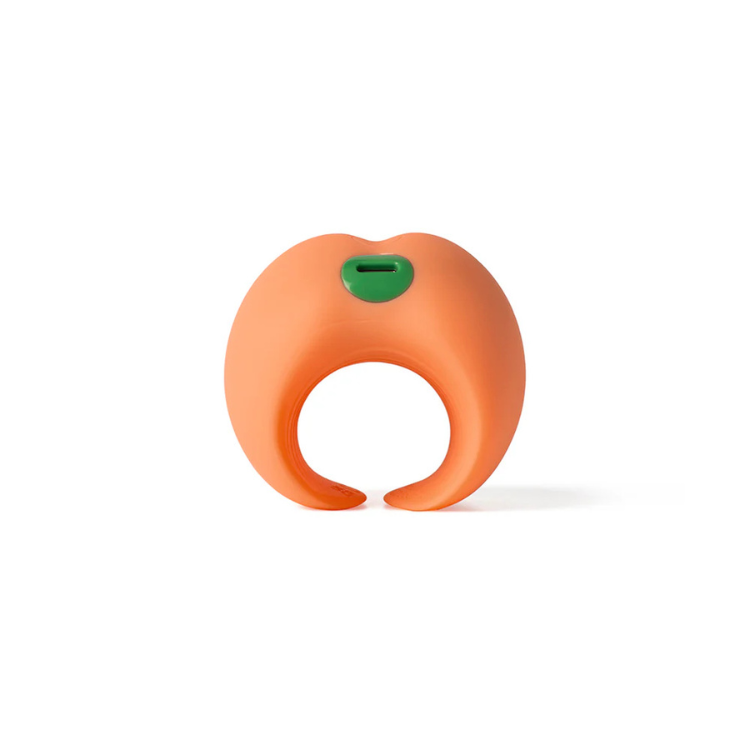 Peach-shaped silicone wellness toy with a green detail, on white background, House of Vices