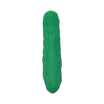 Green silicone pickle-shaped wellness toy on white background, House of Vices product