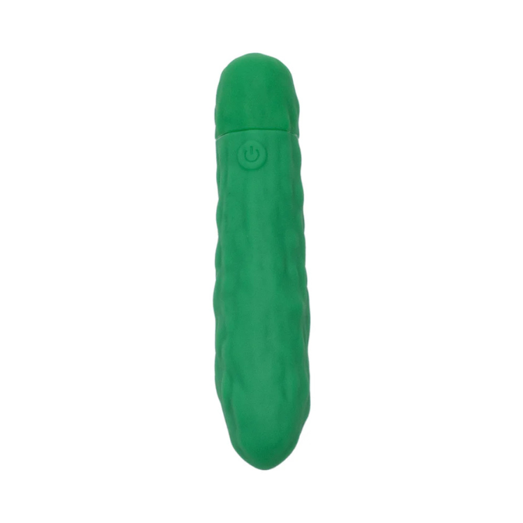 Green silicone pickle-shaped wellness toy on white background, House of Vices product