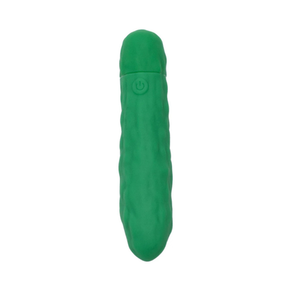Green silicone pickle-shaped wellness toy on white background, House of Vices product