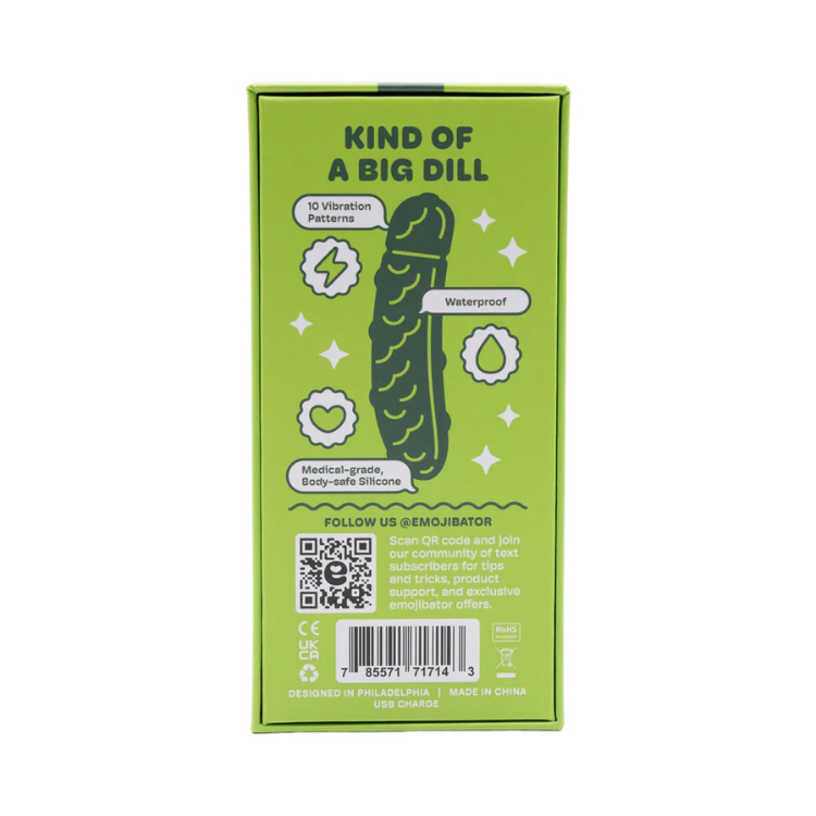 Green Emojibator Pickle product box with features like waterproof and body-safe silicone.