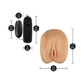 Realistic silicone vagina masturbator with remote bullet vibrator, product and size dimensions shown.