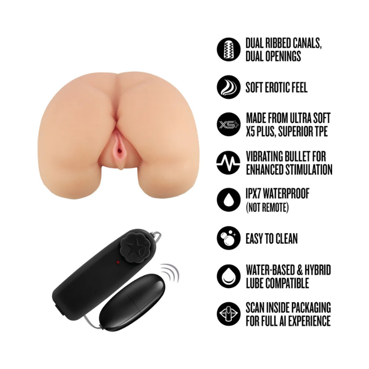 Realistic dual-entry vibrating stroker with lifelike skin texture and remote bullet vibrator