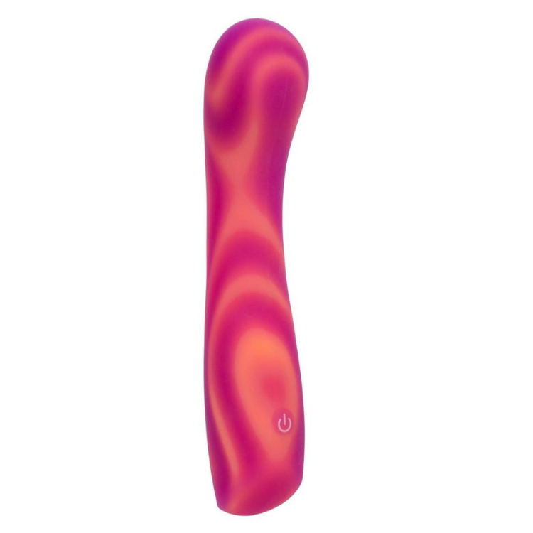 Pink and orange swirl silicone vibrator with power button, adult wellness toy